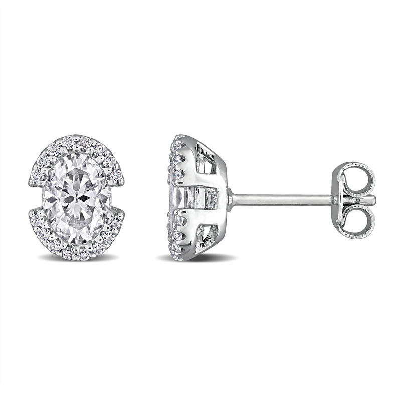 2 1/6ct DEW Oval-Cut Created Moissanite Halo Stud Earrings in Sterling Silver