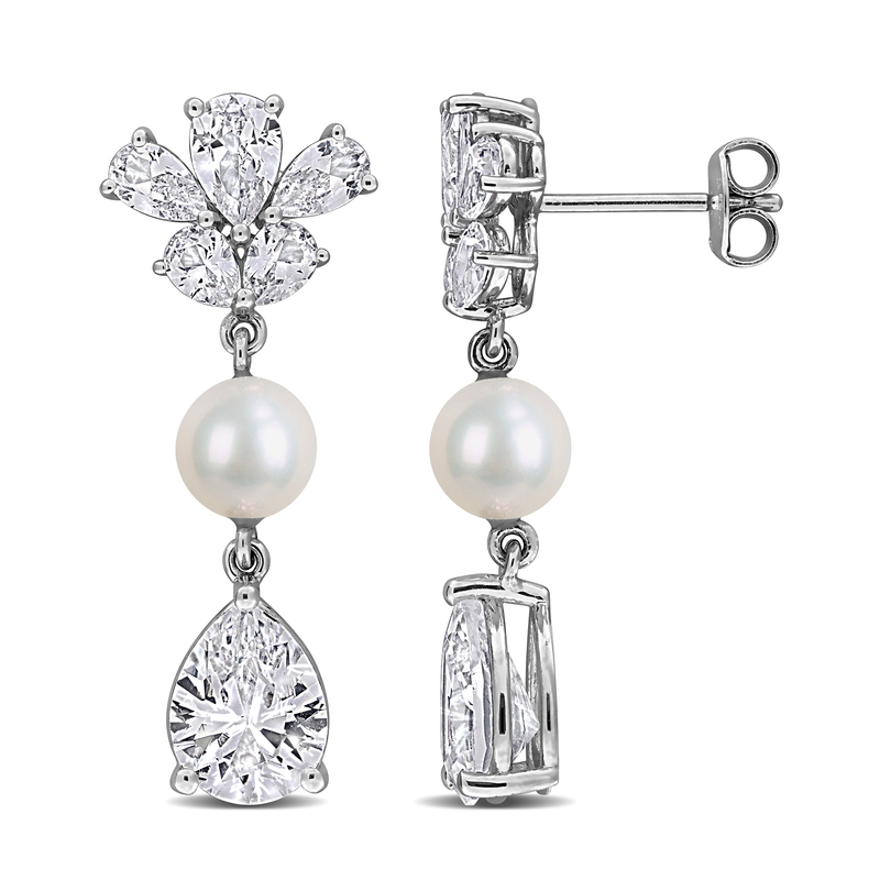 6-6.5mm Cultured Freshwater Pearl 8 7/8ct TGW Created White Sapphire Drop Earrings in Sterling Silver