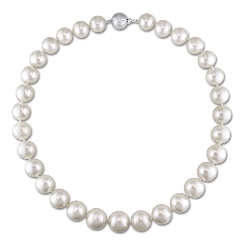 12-14 MM White South Sea Graduated Pearl Strand with 14k White Gold Diamond Ball Clasp - 18 in