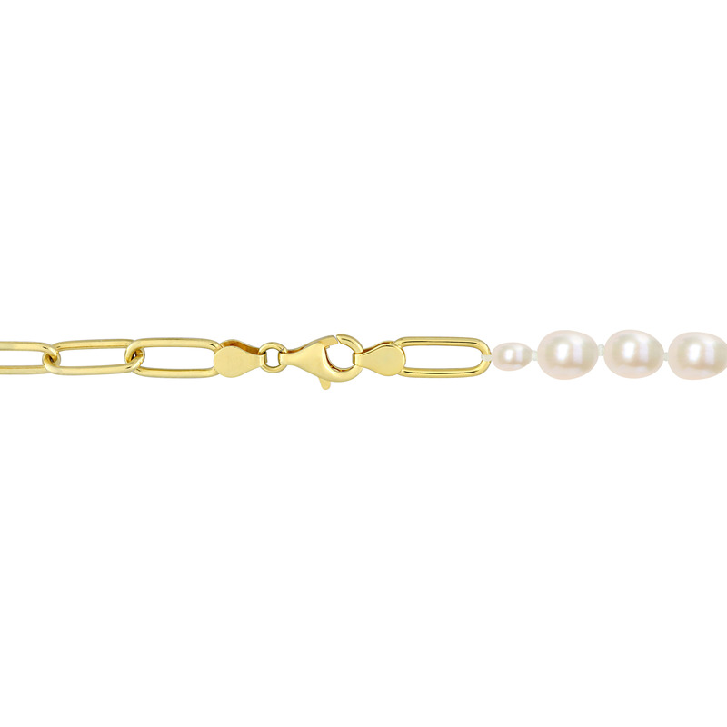 7 - 7.5 MM Cultured FW Rice Pearl 6 MM Oval Link Chain 17 Necklace in Yellow Plated Sterling Silver
