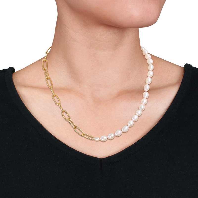 7 - 7.5 MM Cultured FW Rice Pearl 6 MM Oval Link Chain 17 Necklace in Yellow Plated Sterling Silver