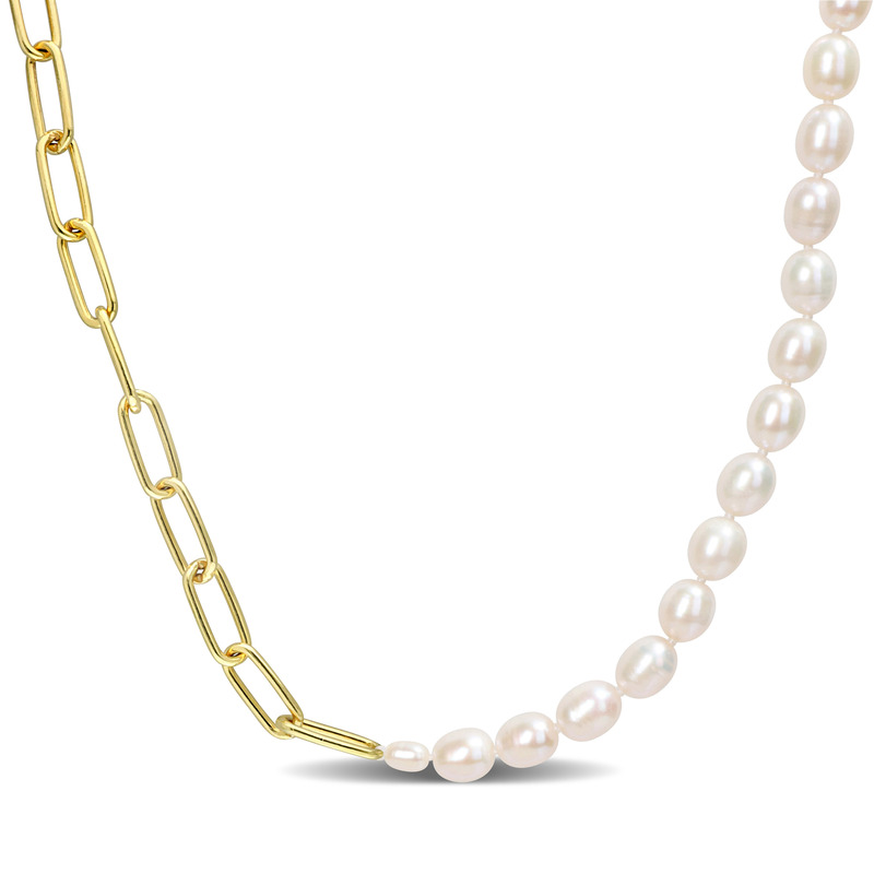 7 - 7.5 MM Cultured FW Rice Pearl 6 MM Oval Link Chain 17 Necklace in Yellow Plated Sterling Silver