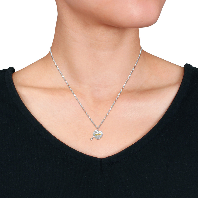 Heart and Key Charm Mother's Day Necklace in Sterling Silver w/ 18k Yellow Gold Plating - 16+2 in.