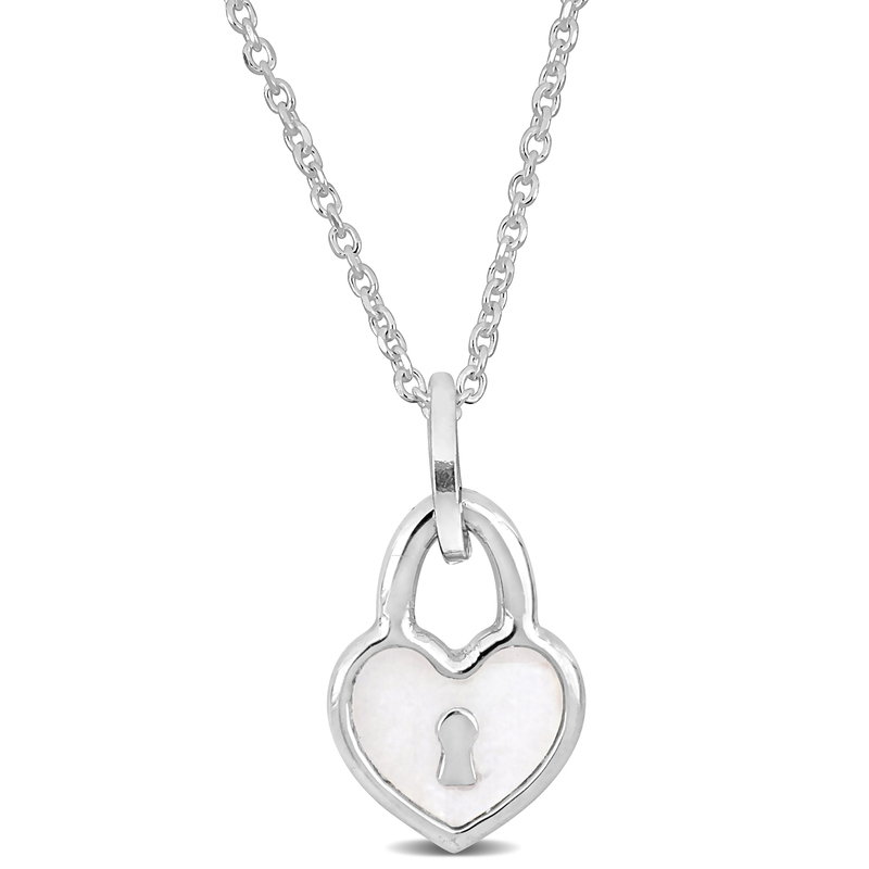 White Enamel Heart Lock Charm Necklace in Sterling Silver - 16+2 in.