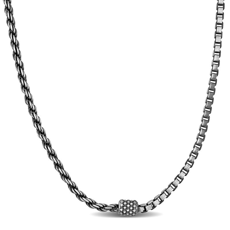 Half Rope + Half Box Link Oxidized Necklace in Sterling Silver - 20 in.