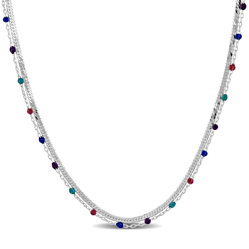 Multi-Color Bead Double Strand Herringbone Necklace in Sterling Silver - 15+2 in.