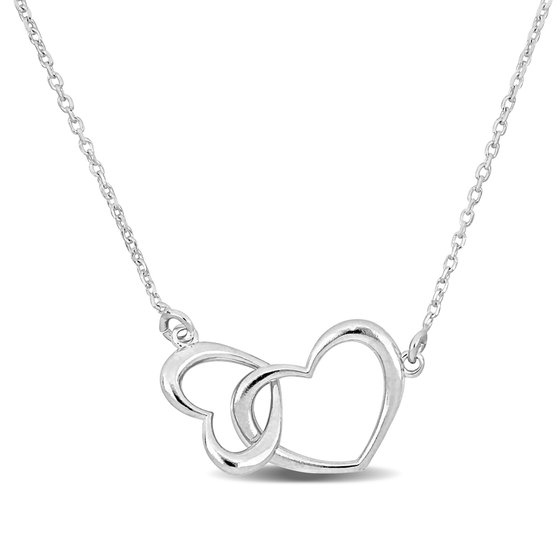 Double Heart Charm Necklace in Sterling Silver - 16.5+1 in.