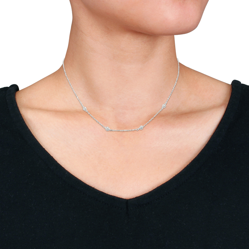 Four Heart Charm Station Necklace on Diamond Cut Rolo Chain in Sterling Silver - 16.5+1 in.