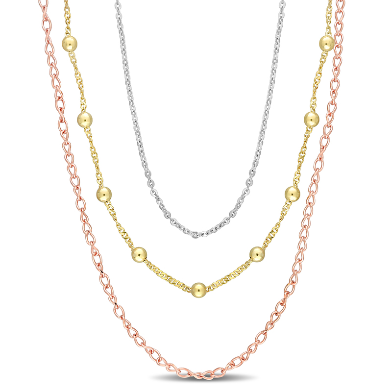 Tripe Layer Chain 19" Necklace in 3-Tone Rose, White, Yellow Sterling Silver