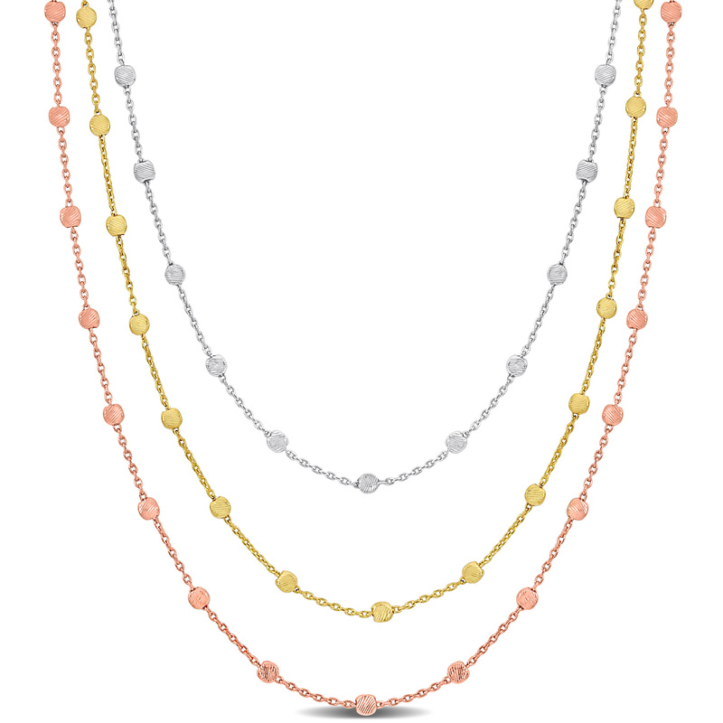 3-Strand Ball Station Necklace in 3-Tone Rose Yellow and White Sterling Silver - 16+2 in.