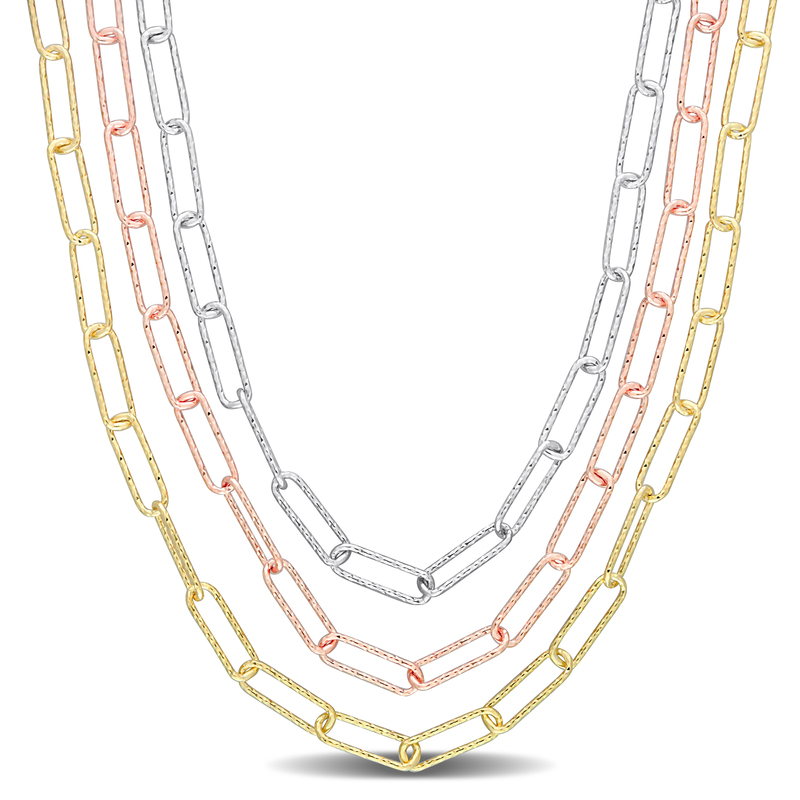 Multi Strand 3.4MM Oval Link 18" Necklace in 3-Tone Rose, White, Yellow Sterling Silver