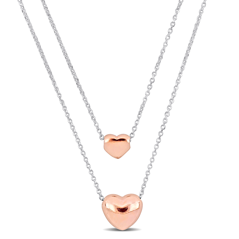 Double strand Two-Heart Rose Necklace Sterling Silver - 16+18 in.