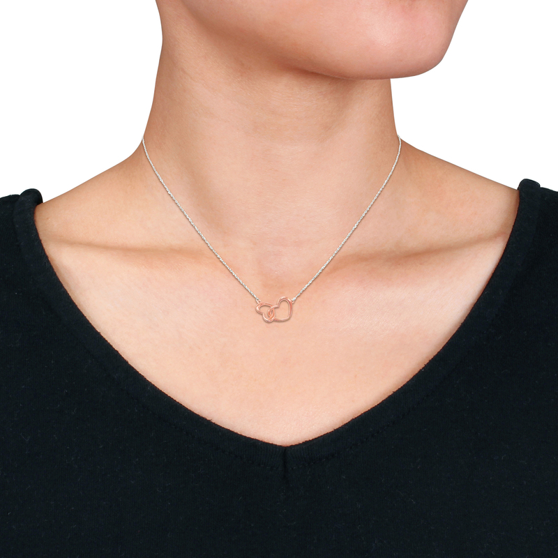 Pink Double Heart Necklace in Sterling Silver - 16.5+1 in.