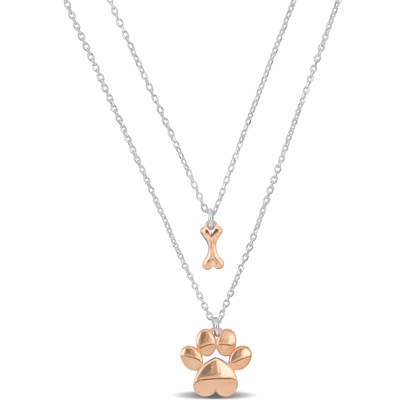 Pink Paw and Bone Two Strand Charm Necklace in Sterling Silver - 16+18+1 in.