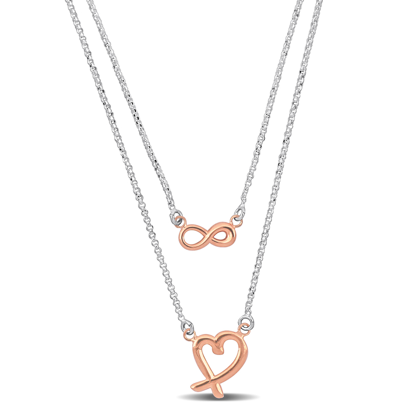 Pink Infinity and Heart Double Strand Necklace in Sterling Silver - 16+18+1 in.