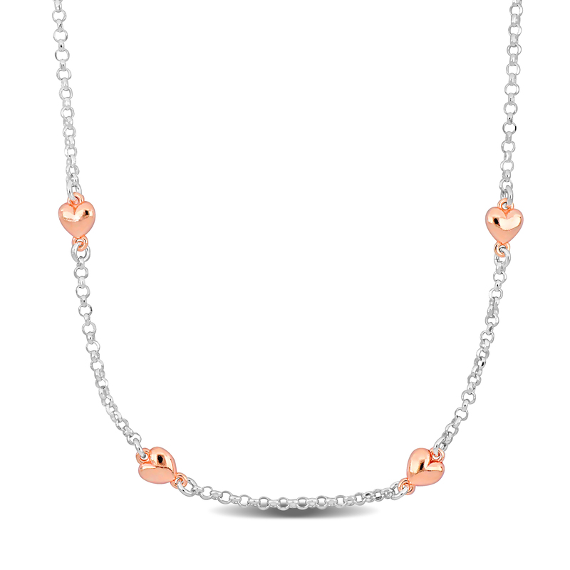 Four Heart Charm Station Necklace in Two-Tone Rose and White Sterling Silver - 16.5 in.