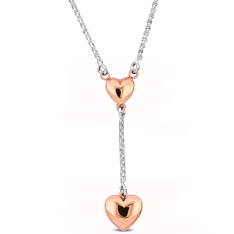 Pink Drop Heart Necklace on Diamond Cut Rolo Chain in Sterling Silver - 16.5+1 in.