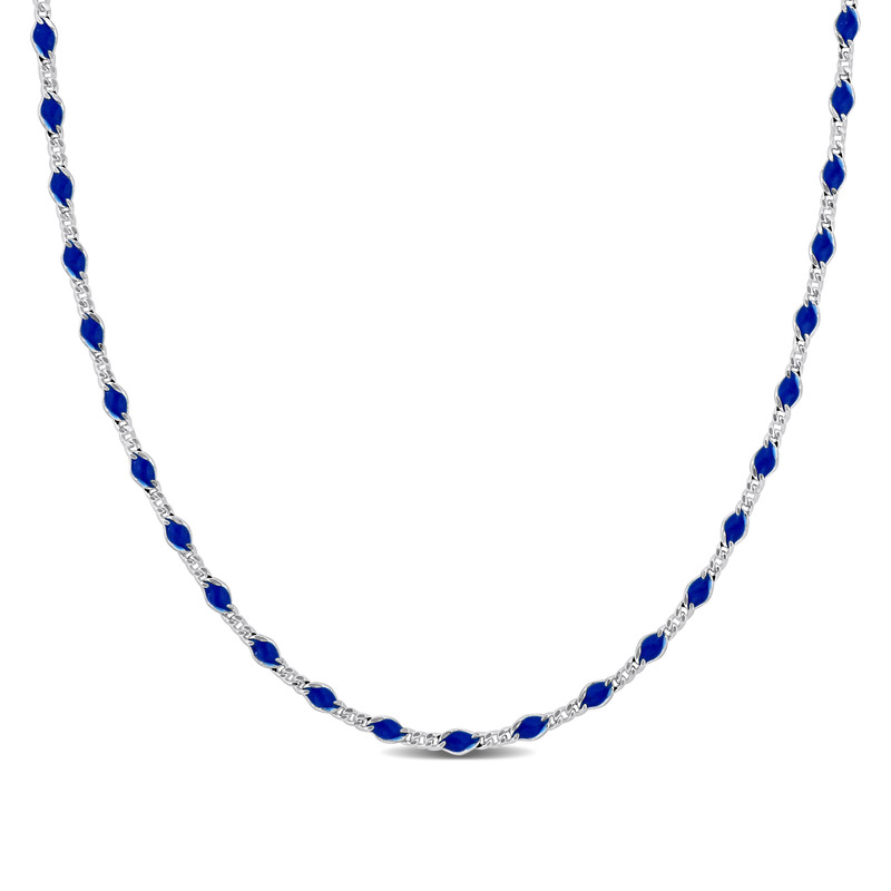 Blue Enamel Bead Necklace in Sterling Silver - 18 in.