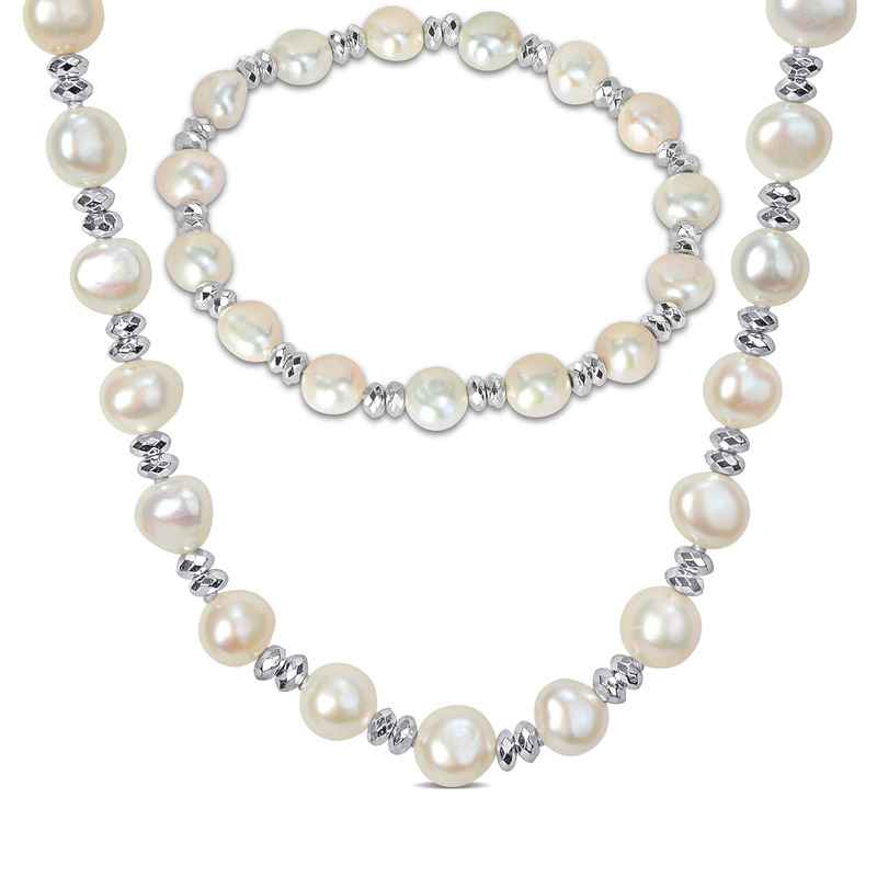 7-8 MM Cultured Freshwater Pearl Strand Necklace and Double Rondelle Bracelet Set in Sterling Silver- 18 in + 2 in ext, 7 in 7-8 MM Cultured Freshwater Pearl Strand Necklace and Double Rondelle Bracelet Set in Sterling Silver- 18 in + 2 in ext, 7 in