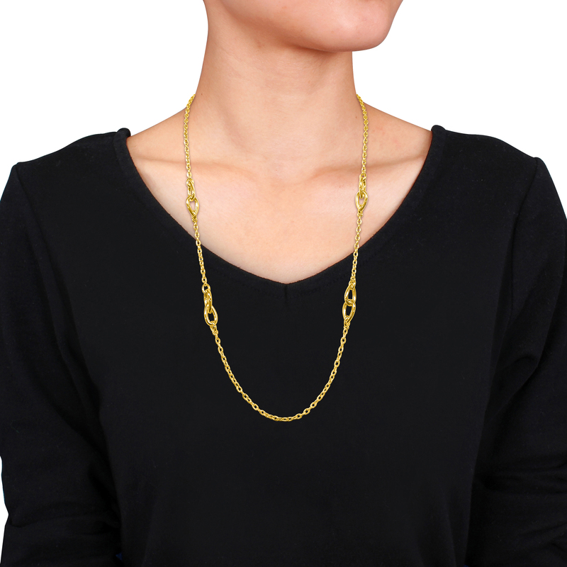 Double Pear Shape Link Station Necklace in Yellow Plated Sterling Silver- 23+2 in.