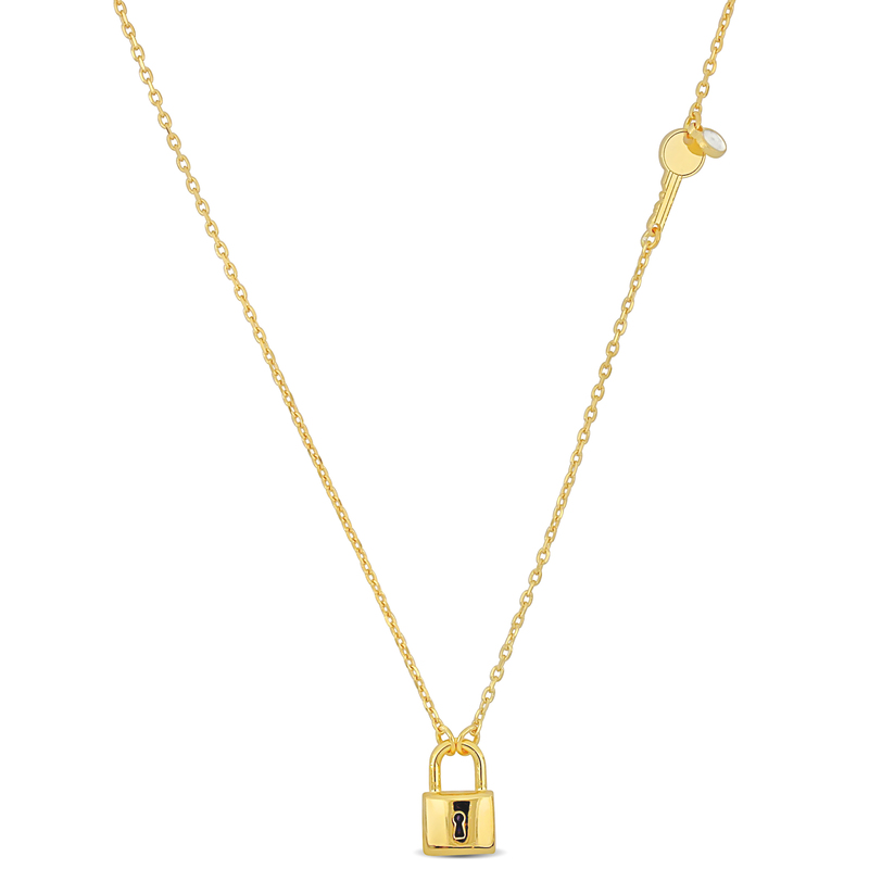 Lock and Key Charm Necklace w/ White Enamel in Sterling Silver - 16+2 in.