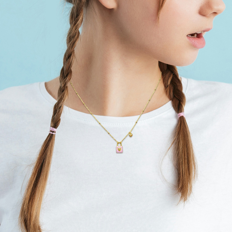 Pink Enamel Lock and Heart Charm Necklace on Diamond Cut Ball Bead Chain in Yellow Silver- 16.5+1 in.