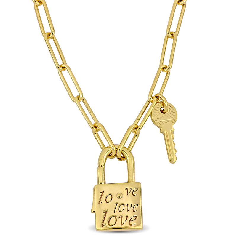 Lock and Key Charm Clasp Paper Clip Link Necklace in Yellow Silver - 20 in.