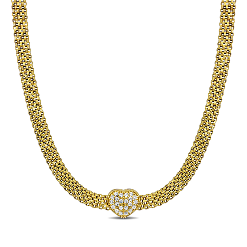 7/8ct TGW Cubic Zirconia Heart Popcorn Necklace in Yellow Plated Sterling Silver - 16 in + 2 ext.
