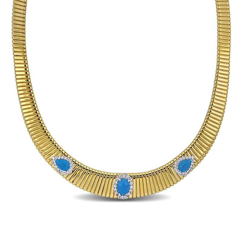 3/8ct TGW Cubic Zirconia and 9x7mm & 9x6mm Composite Turquoise Omega Necklace in Yellow Plated Sterling Silver -18 in