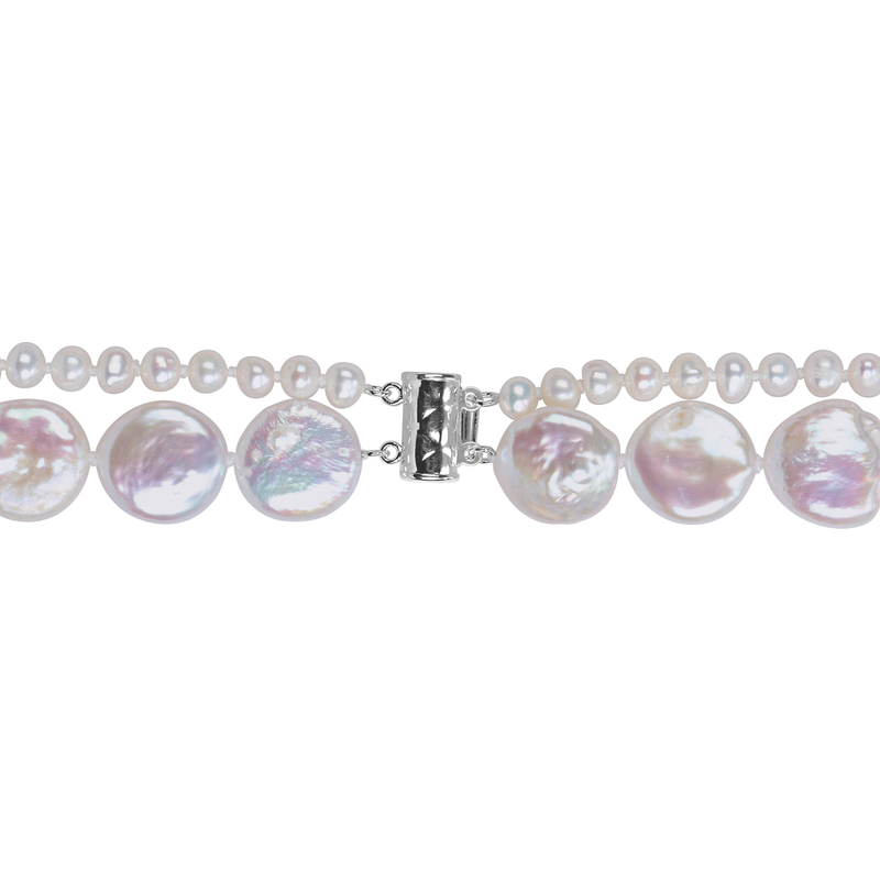 13.5-14 MM Cultured Freshwater Coin Pearl Cultured Freshwater Rice Cream Pearl 2-Strand Necklace Sterling Silver Clasp - 16+17 in.