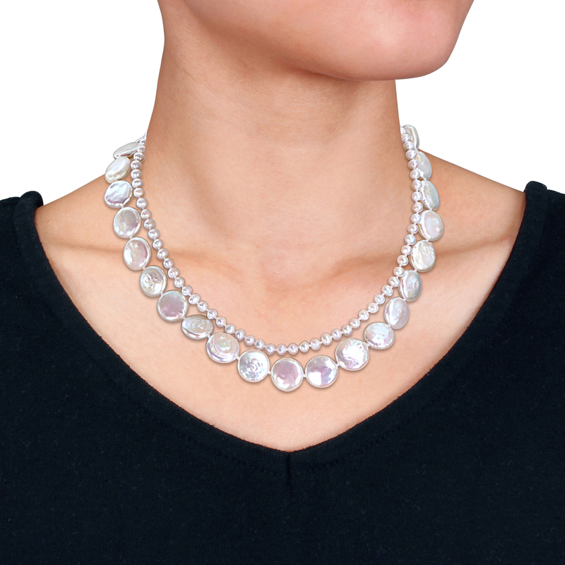 13.5-14 MM Cultured Freshwater Coin Pearl Cultured Freshwater Rice Cream Pearl 2-Strand Necklace Sterling Silver Clasp - 16+17 in.