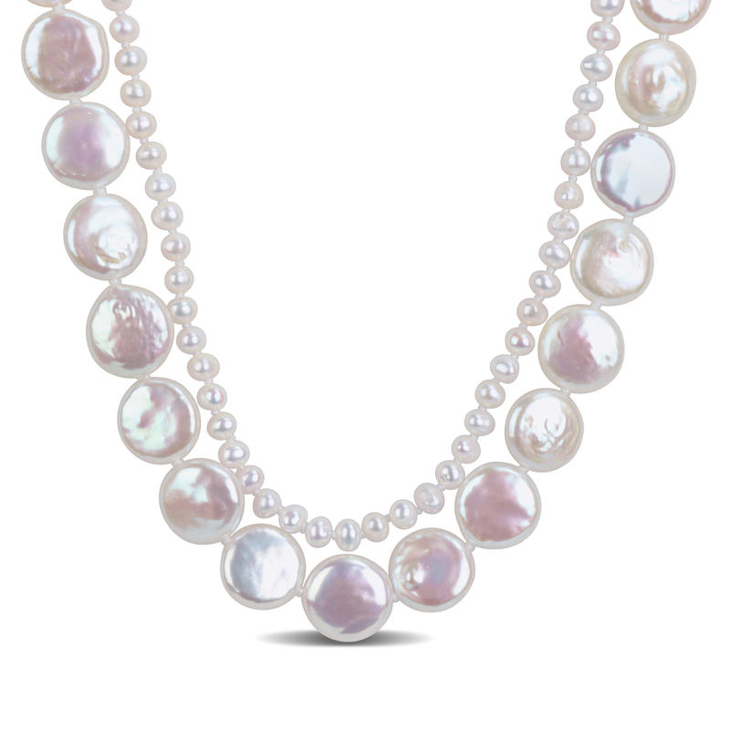 13.5-14 MM Cultured Freshwater Coin Pearl Cultured Freshwater Rice Cream Pearl 2-Strand Necklace Sterling Silver Clasp - 16+17 in.