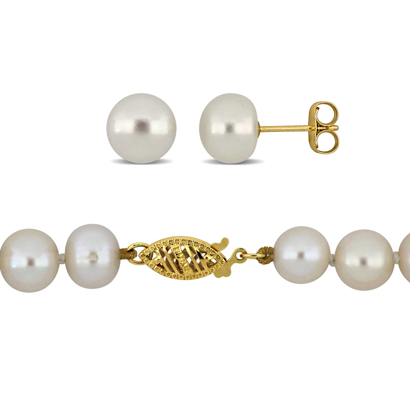 7.5-8 MM Cultured Freshwater Pearl Necklace and Stud Earrings in 10K Yellow Gold