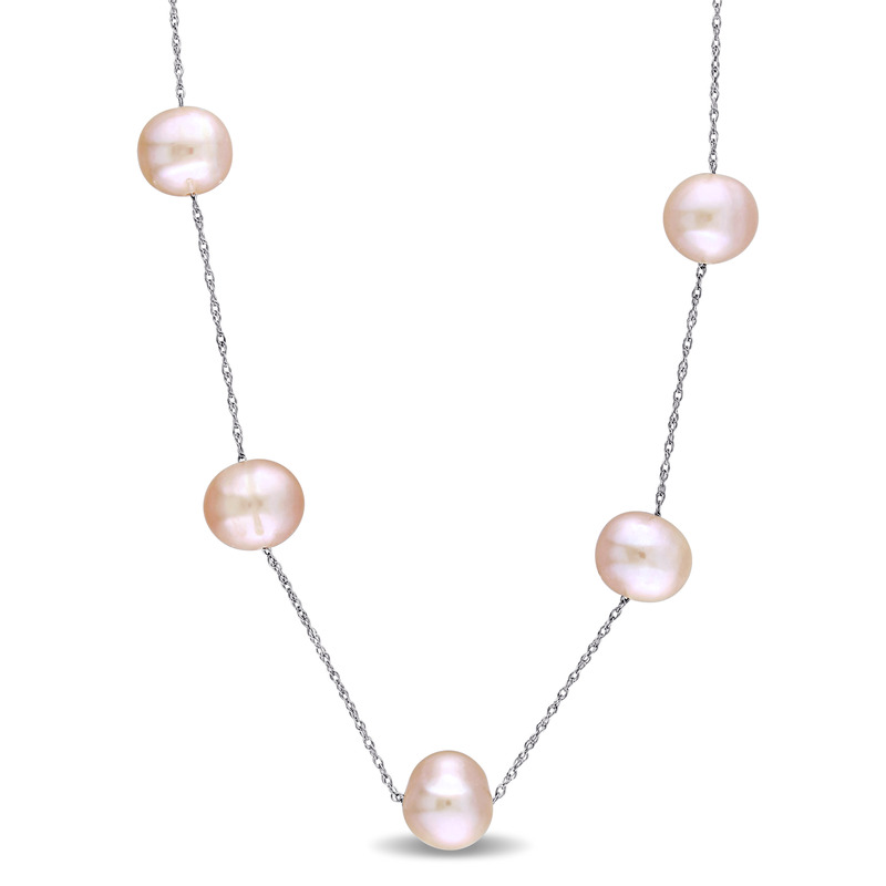 7-8 MM Pink Freshwater Cultured Pearl Tin-Cup-Style Necklace in 10K White Gold