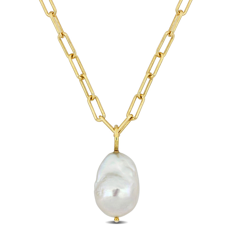 13-14 MM Natural Shape Cultured Freshwater Pearl and 3.5 MM Oval Link Necklace in 18k Gold Plated Sterling Silver - 18 in
