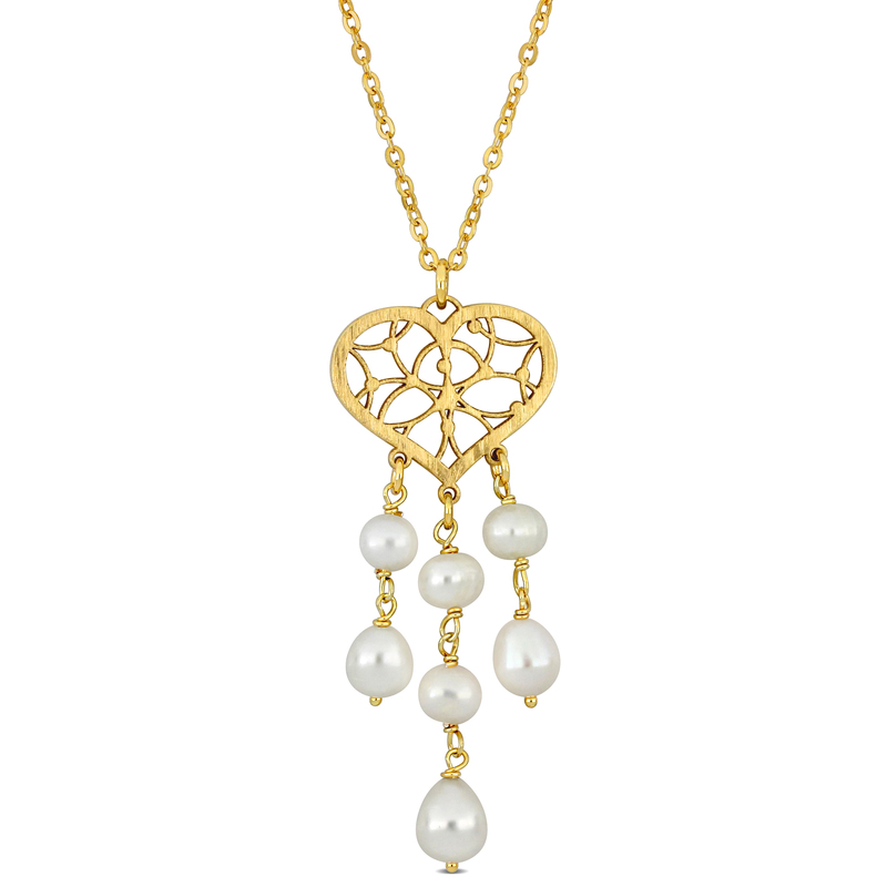6-6.5 MM Cultured Freshwater Pearl Chandelier Style Heart Drop Pendant with Chain in Yellow Plated Sterling Silver - 16+2 in.