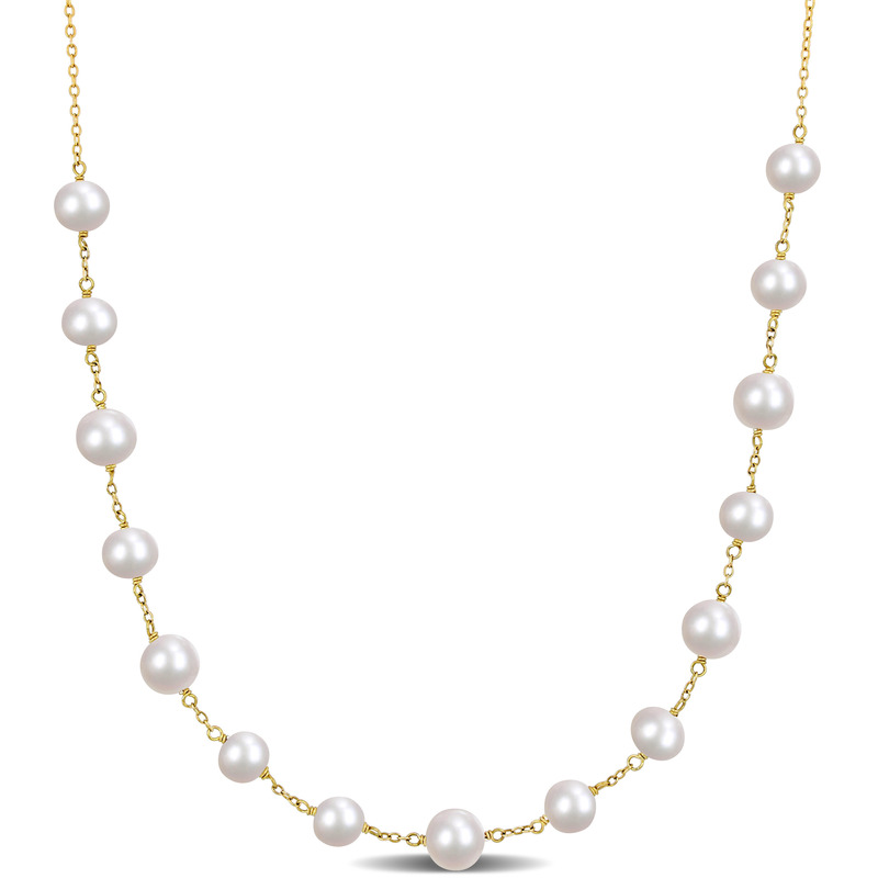 6.5-8.5 MM Cultured Freshwater Pearl Tin Cup Necklace in 18k Gold Plated Sterling Silver - 18 in