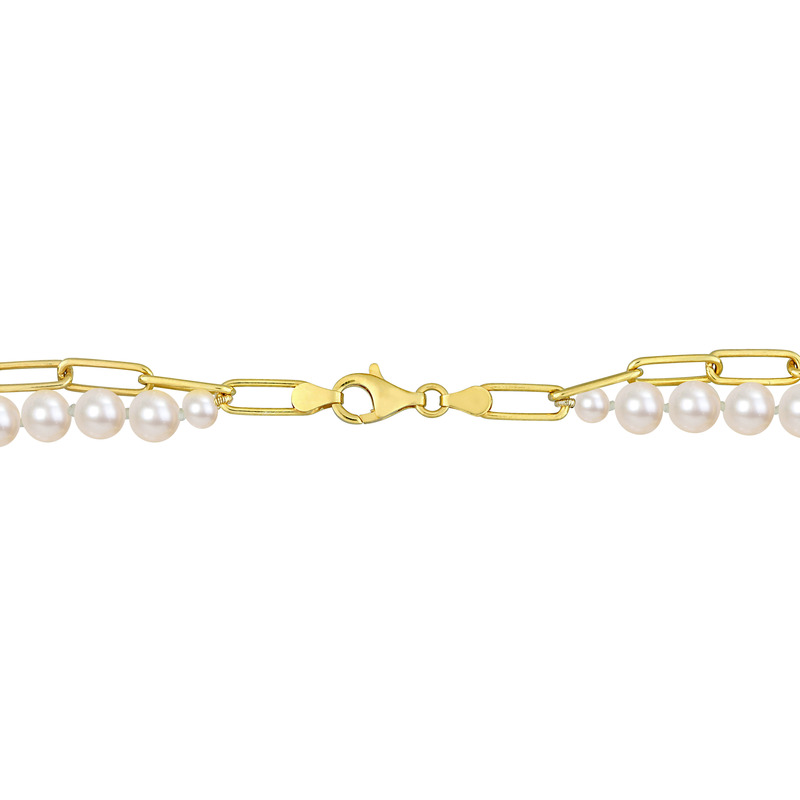 7-7.5 MM Cultured Freshwater Pearl and 5 MM Link Chain Layered Necklace in 18k Yellow Gold Plated Sterling Silver - 18 in.