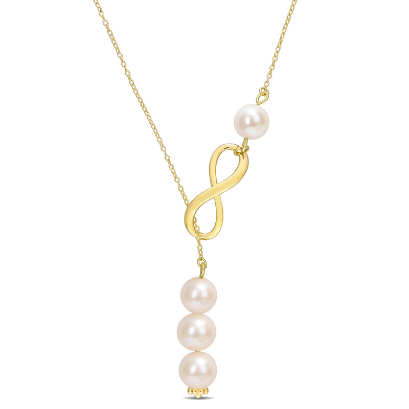 8 - 9 MM Freshwater Cultured Pearl Infinity Lariat 18 Necklace in 18K Yellow Gold Plated Sterling Silver