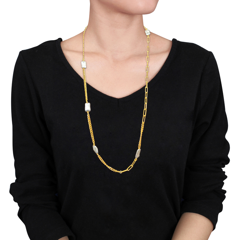 10x16.5 MM Cultured Freshwater Pearl Station Necklace with a Curb and Paperclip Link Chain in Yellow Plated Sterling Silver - 33 in.
