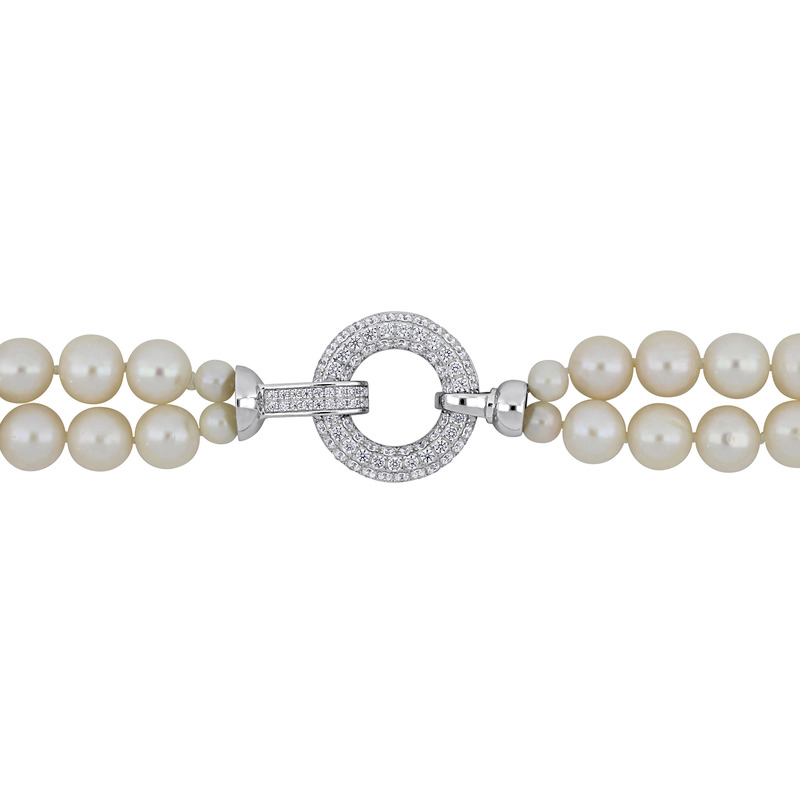 7 - 8 MM Freshwater Cultured Pearl 2-Strand 16+17 Necklace in Sterling Silver with Cubic Zirconia Enhanced Clasp