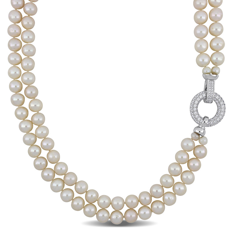 7 - 8 MM Freshwater Cultured Pearl 2-Strand 16+17 Necklace in Sterling Silver with Cubic Zirconia Enhanced Clasp