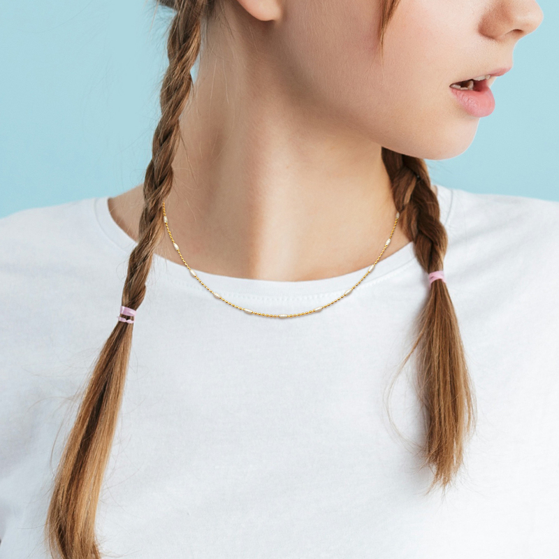 Ball Link Necklace with White Enamel in Yellow Plated Sterling Silver - 15+2 in.
