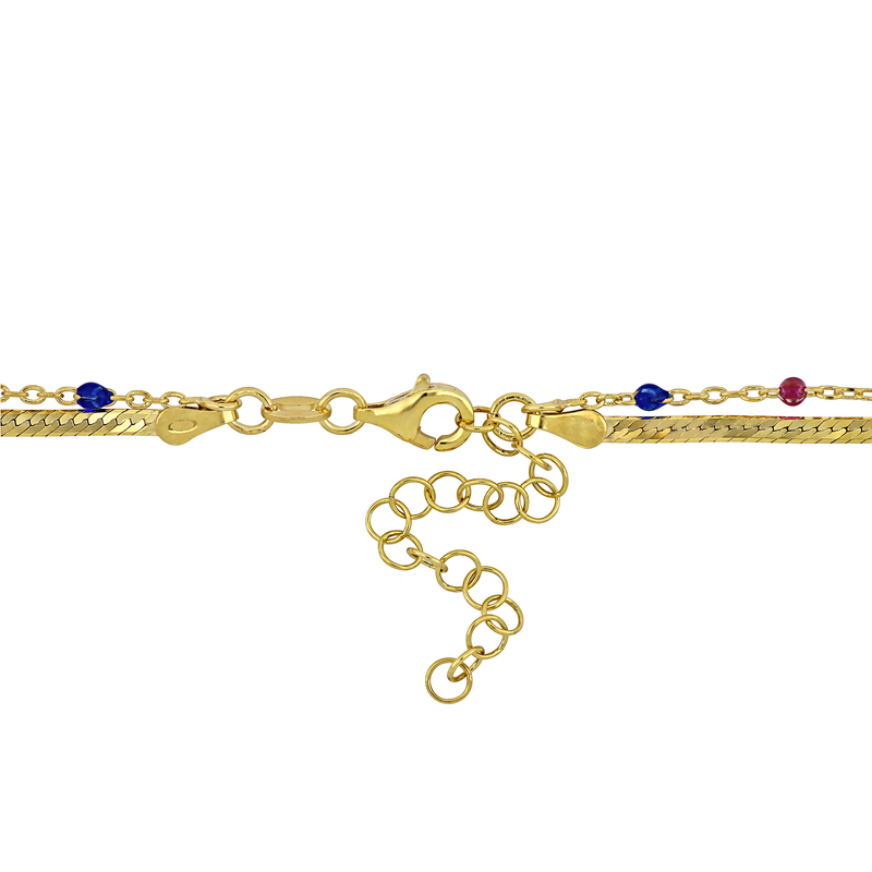 Multi Color Bead Double Strand Herringbone Chain Necklace in Yellow Plated Sterling Silver - 15+2 in.