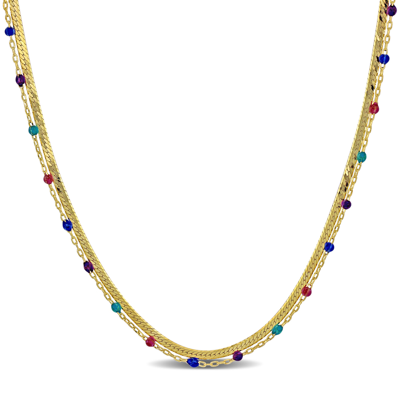 Multi Color Bead Double Strand Herringbone Chain Necklace in Yellow Plated Sterling Silver - 15+2 in.