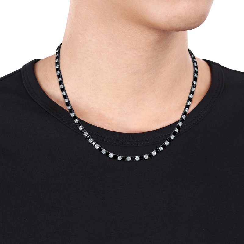 40 CT TGW Created Black and White Sapphire Classic Tennis Men's Necklace in Black Rhodium Plated Sterling Silver - 20 in.