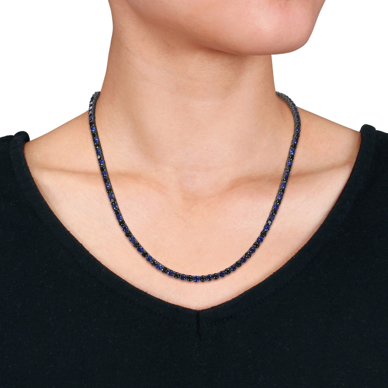 40 1/4 CT TGW Created Blue and Black Sapphire Men's Tennis Necklace in Black Rhodium Plated Sterling Silver - 20 in