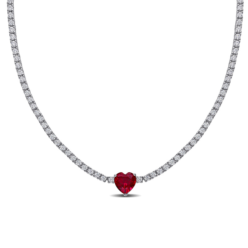 18 CT TGW Created Ruby Heart Center & Created White Sapphire 15 Necklace in Sterling Silver