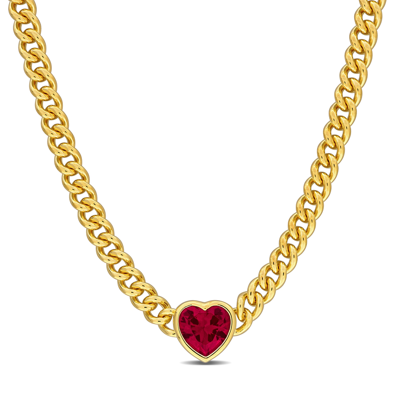 2.85 CT TGW Created Ruby Curb Link Chain 18 Necklace in Yellow Plated Sterling Silver