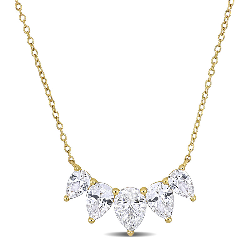 5 2/5 CT TGW Pear-Cut Created White Sapphire Five Stone Necklace in Yellow Plated Sterling Silver